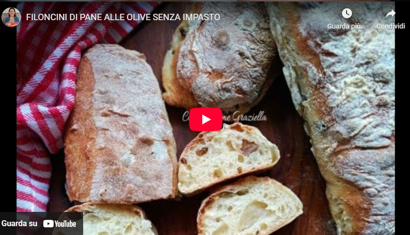 Filoncini di pane alle olive senza impasto