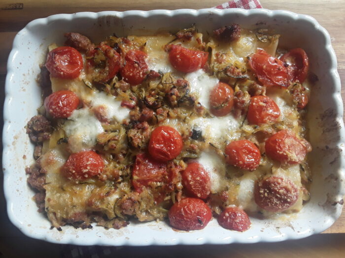 paccheri ripieni di salsiccia e zucchine al forno