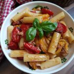 Pasta con peperoni, tonno e pomodori arrosto