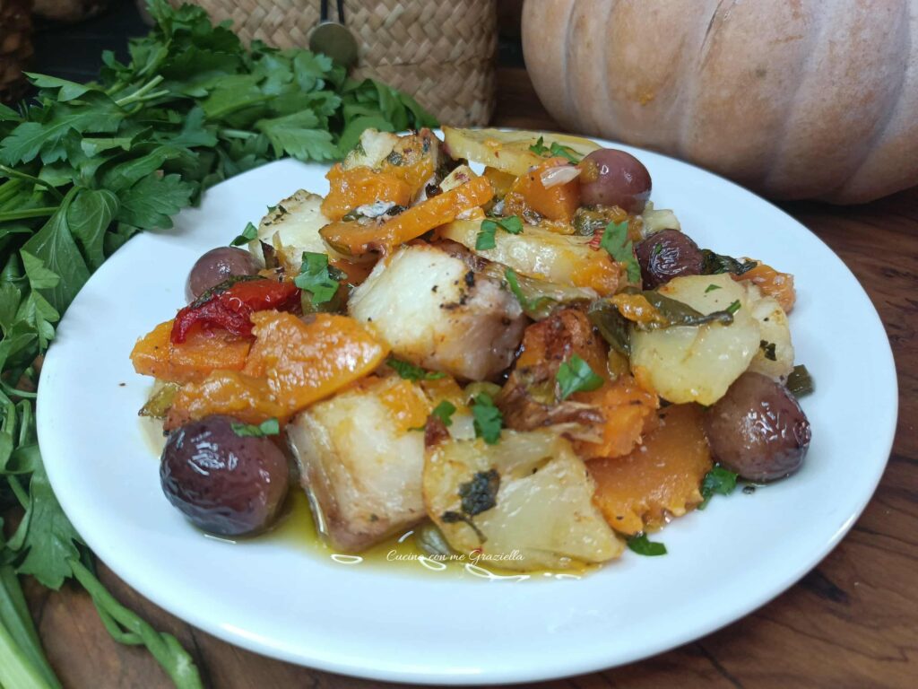 Baccalà al forno con patate e zucca