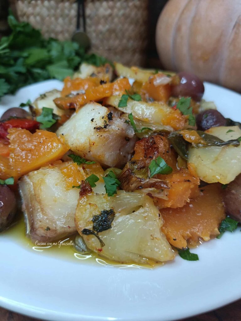 Baccalà al forno con patate e zucca