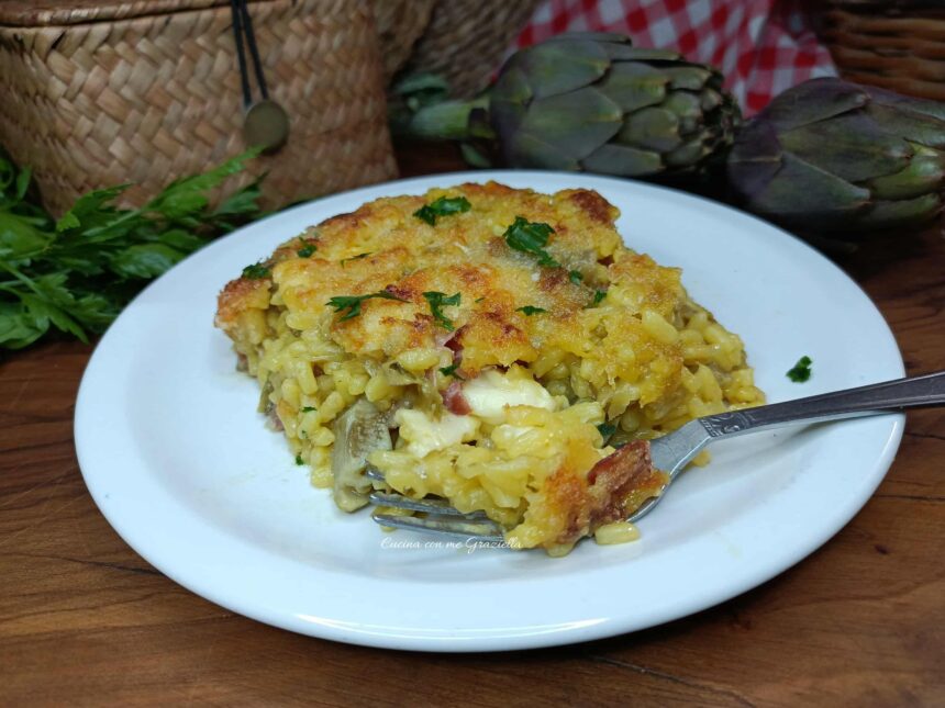Riso al forno con zafferano carciofi e speck
