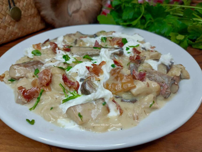 Risotto ai funghi con pancetta croccante e stracciatella