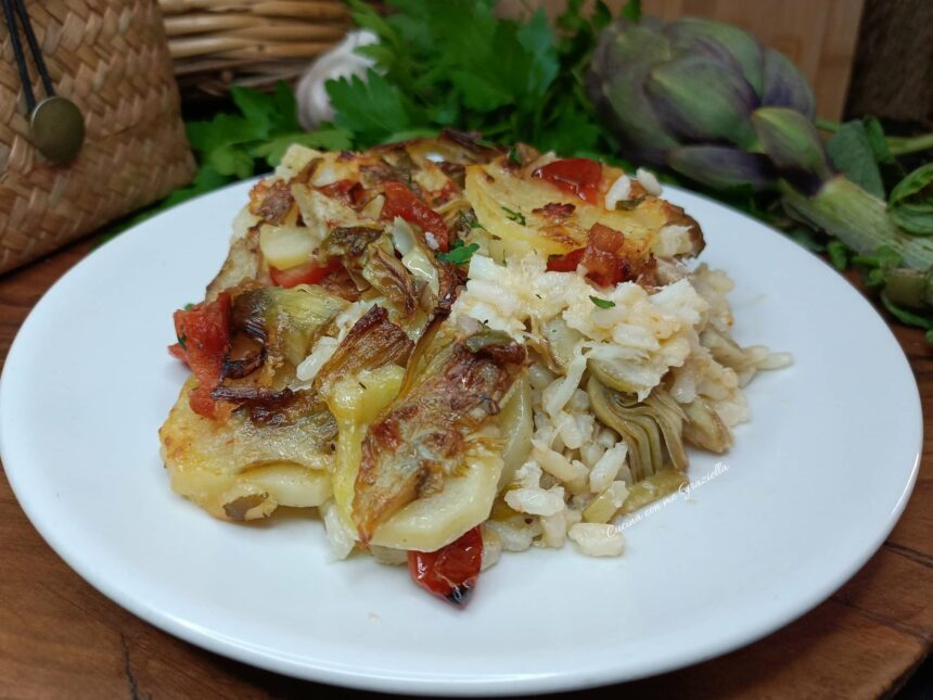 Tiella di riso patate carciofi e baccalà