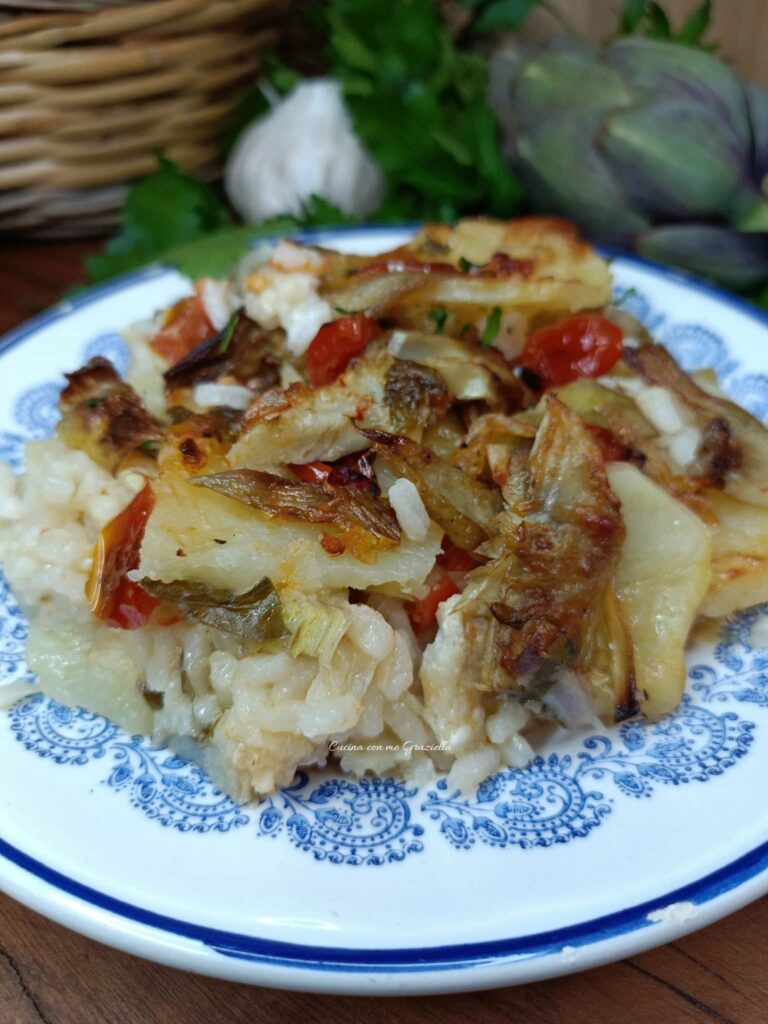 Tiella di riso patate carciofi e baccalà
