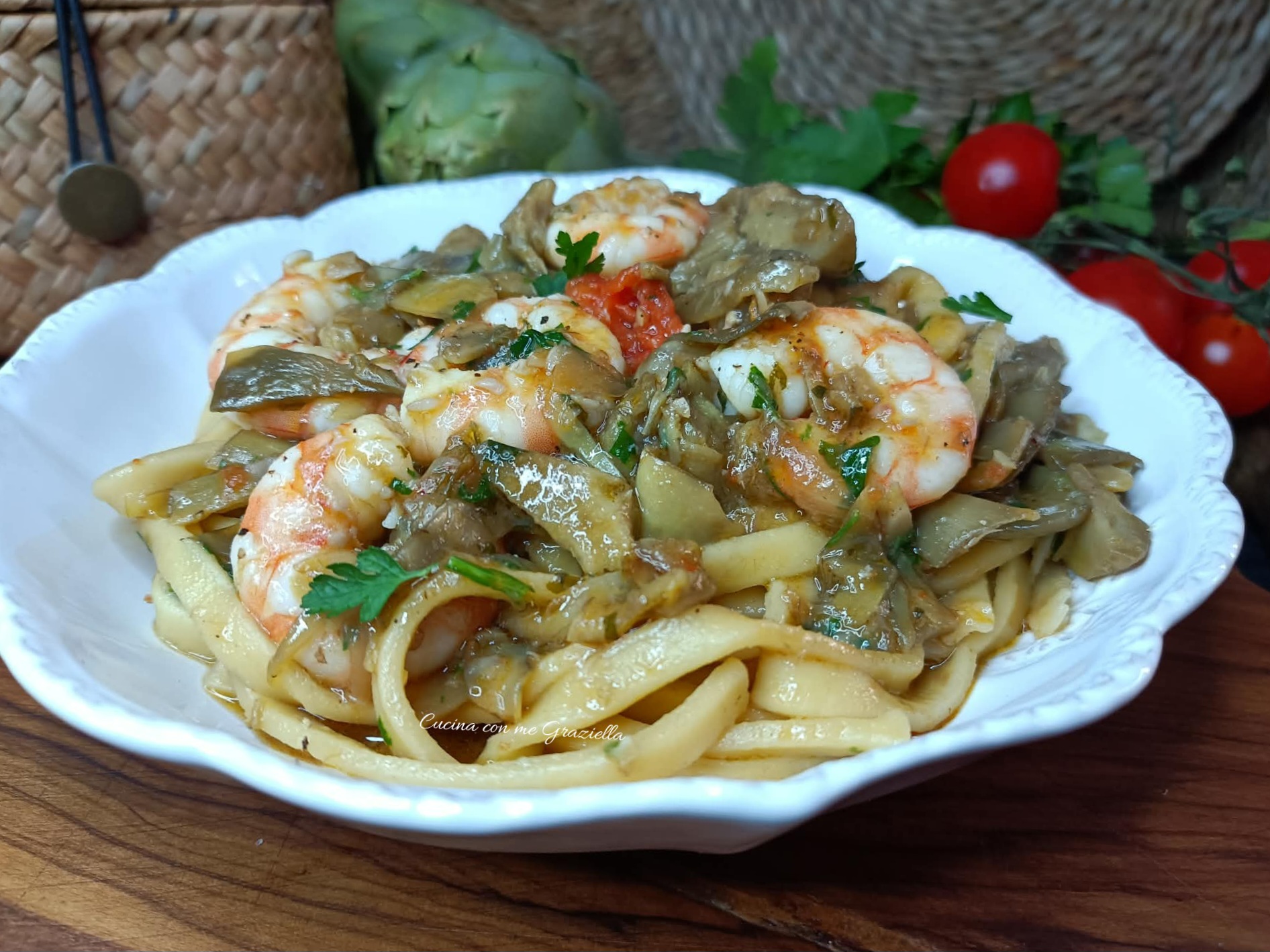 Pasta carciofi e gamberi