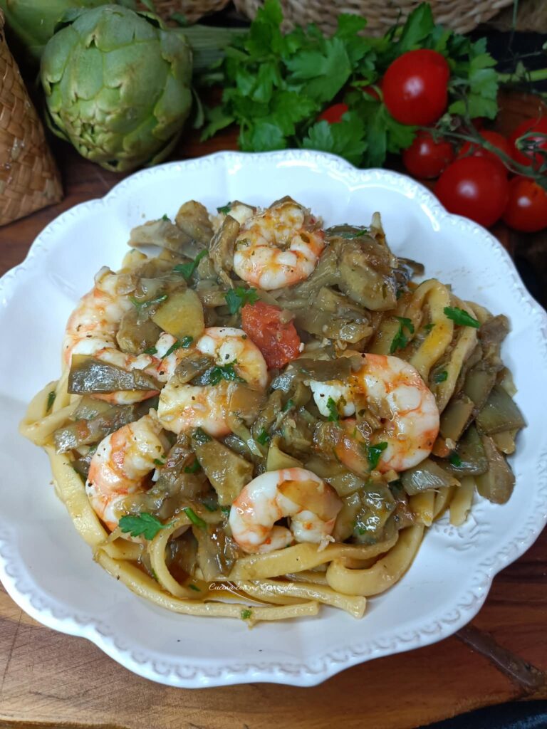 Pasta carciofi e gamberi