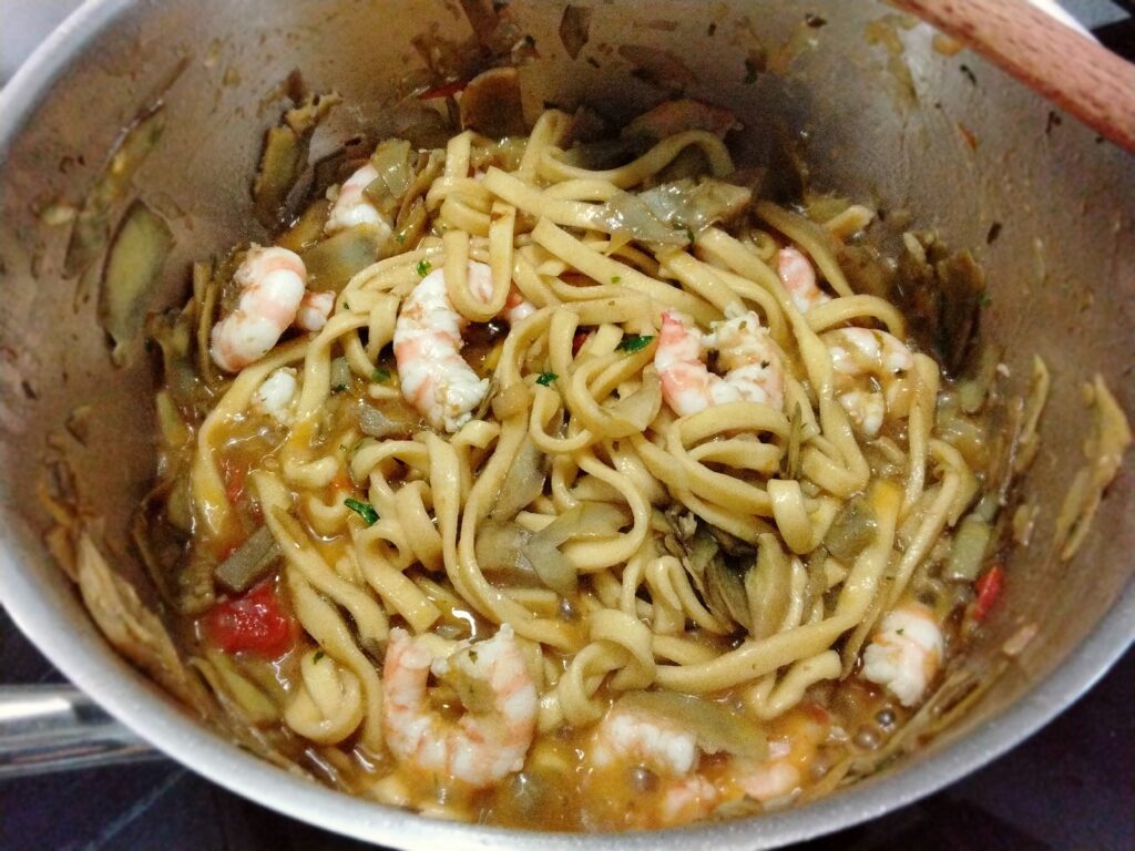 Pasta carciofi e gamberi