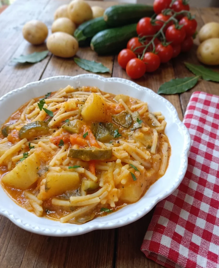 Minestra di pasta con zucchine e patate in umido