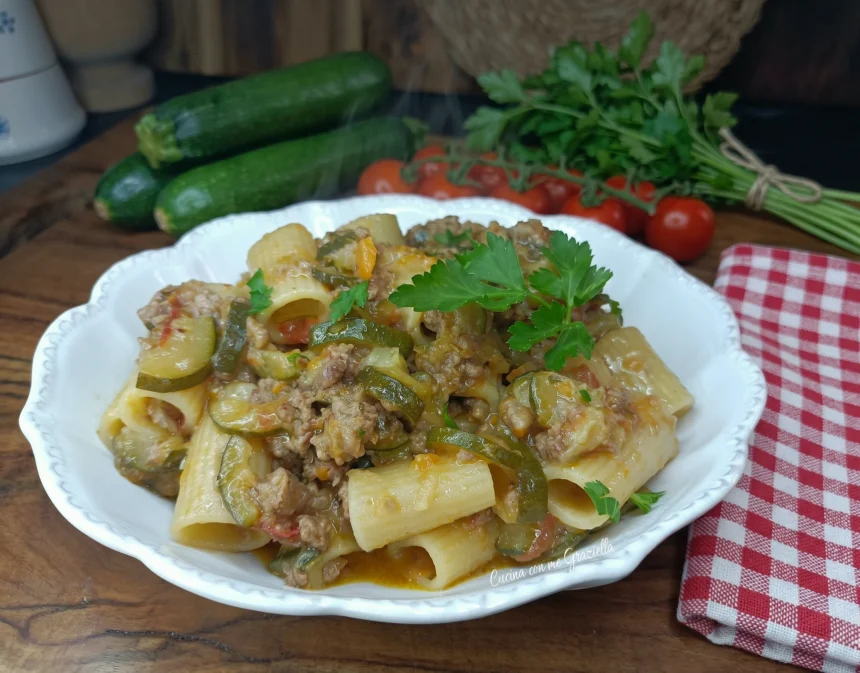 Pasta con ragù di carne e zucchine