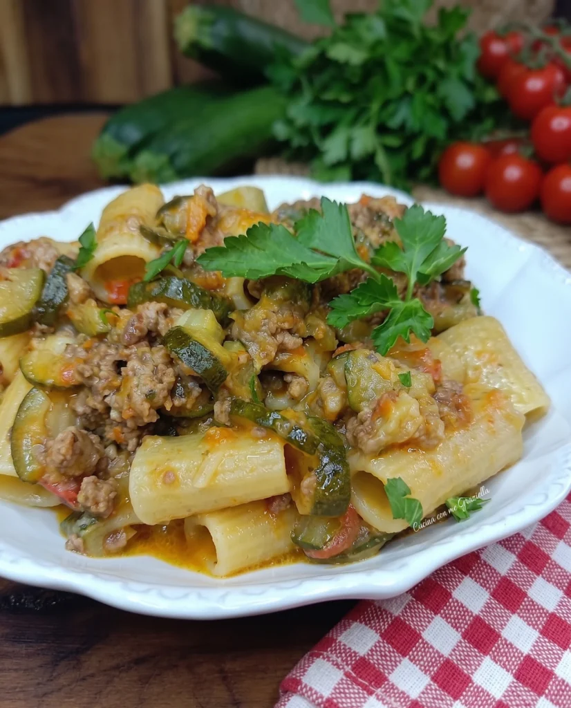 Pasta con ragù di carne e zucchine