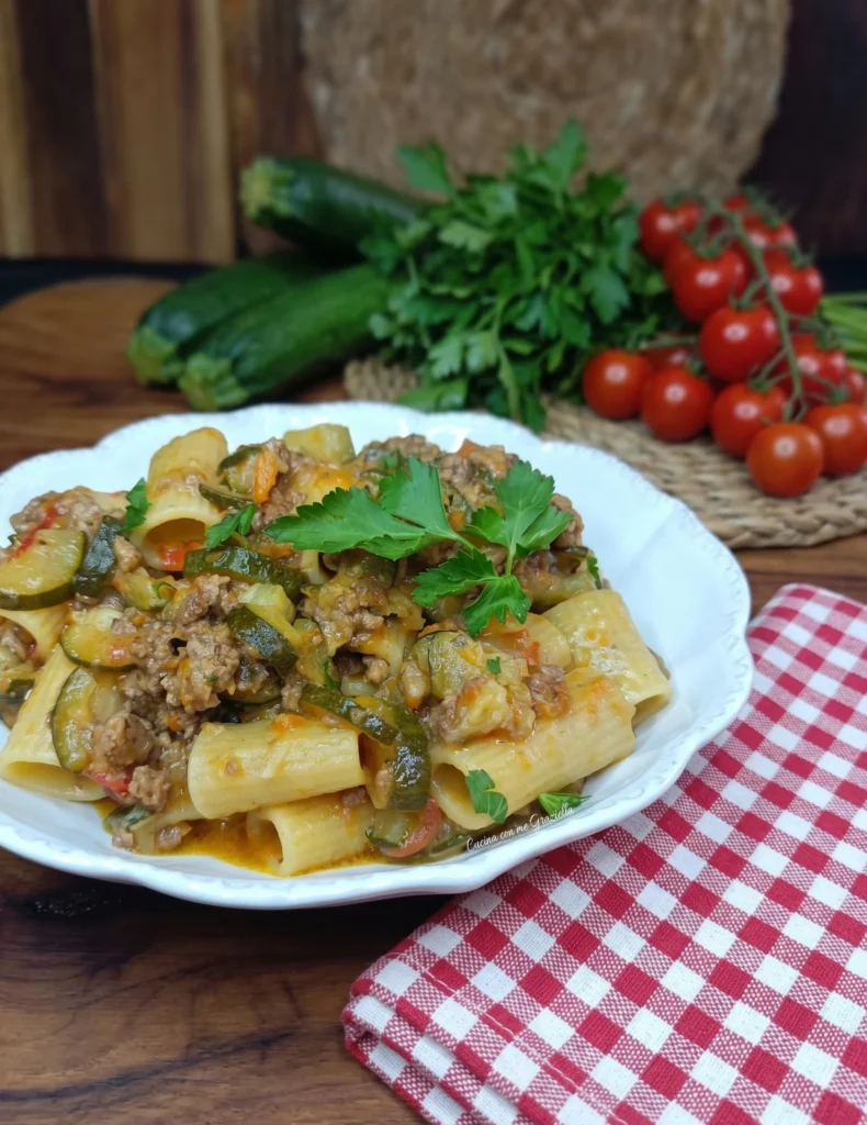 Pasta con ragù di carne e zucchine