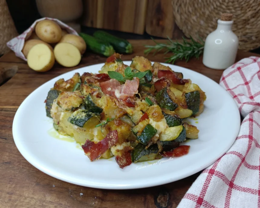 Patate e zucchine sabbiose al forno con speck e fontina