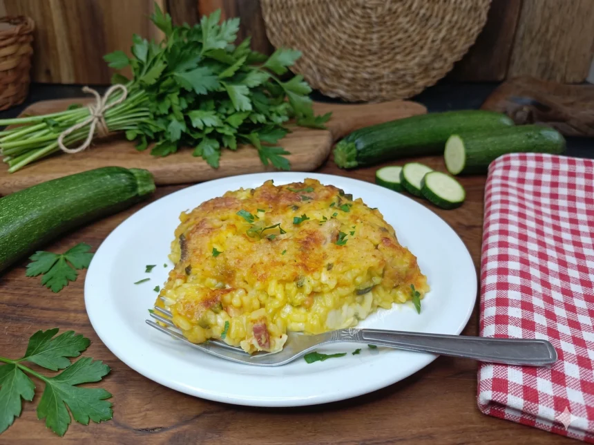 Sformato di riso allo zafferano zucchine e speck