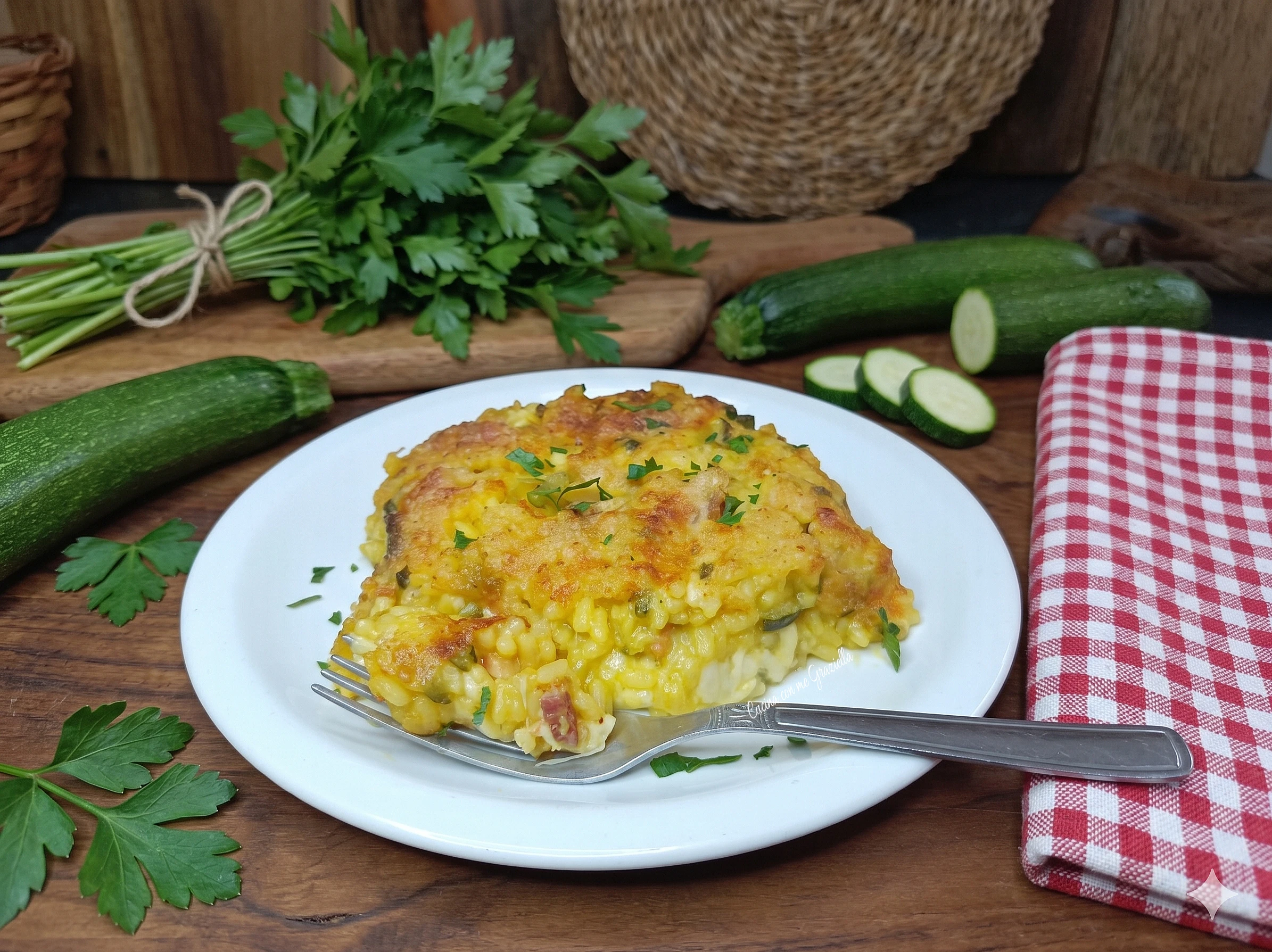 Sformato di riso allo zafferano zucchine e speck